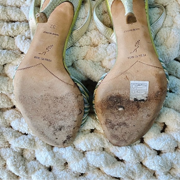 Rene Caovilla Bejeweled Rhinestone Buckle Metallic Leather Snakeskin Heel Sandal - Picture 9 of 11